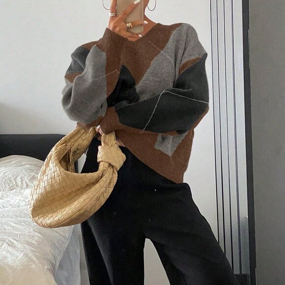 Coffee Brown Casual Women's Colorblock Loose Crew Neck Sweater - Picture 5 of 5